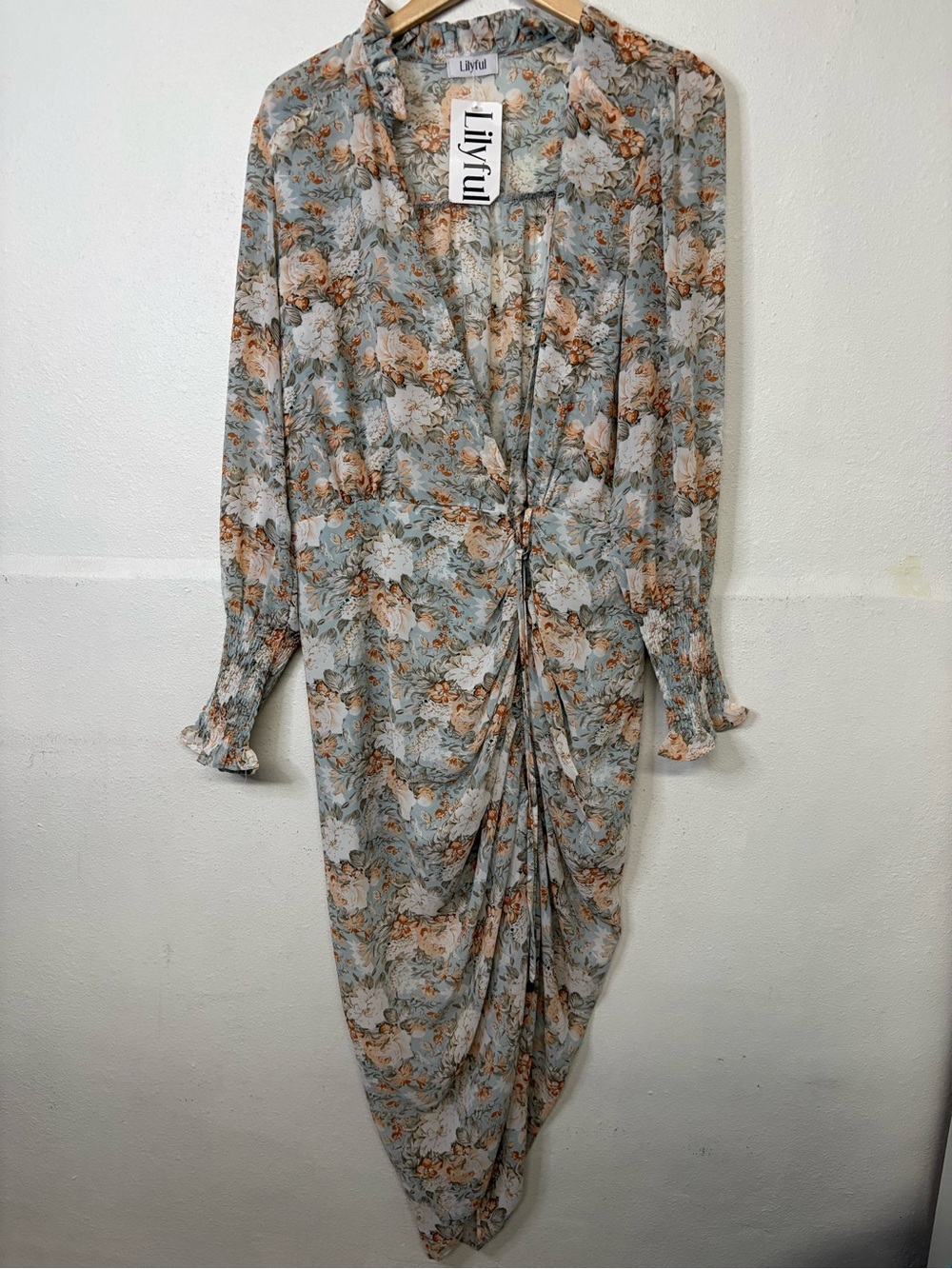 LILYFUL Floral Twist-Front Midi Dress in Light Blue and Tan